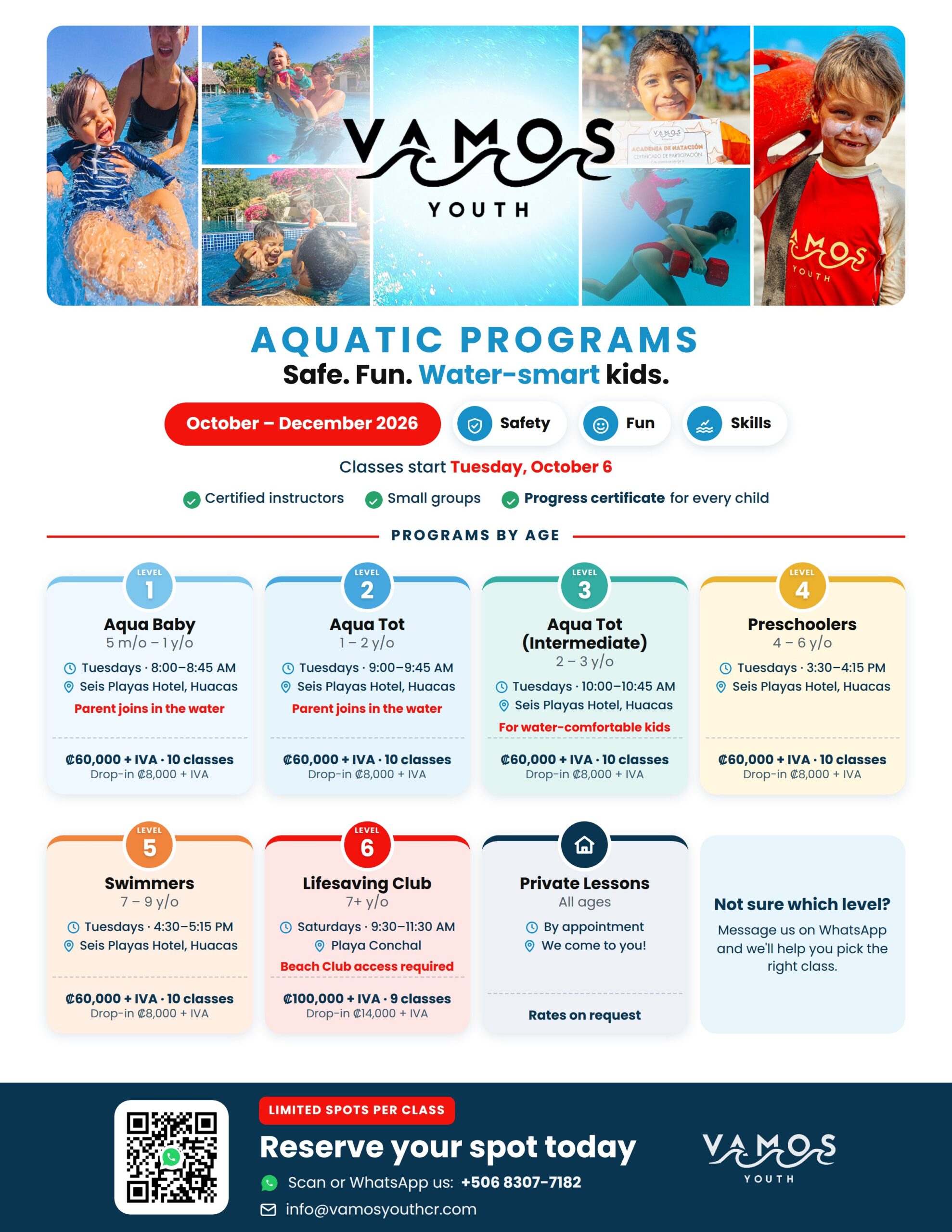 Vamos Youth Aquatic Programs October to December 2026: Aqua Baby, Aqua Tot, Preschoolers, Swimmers, Lifesaving Club and Private Lessons